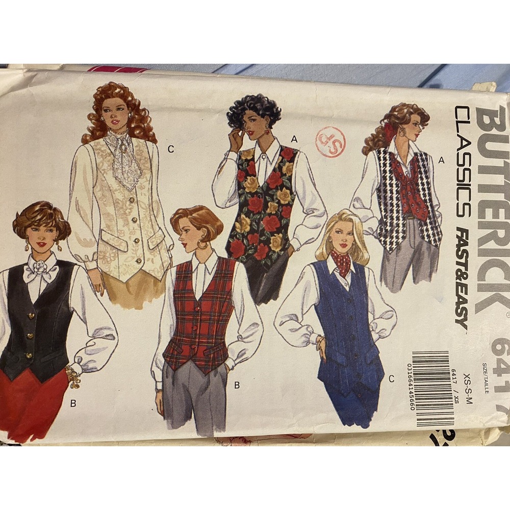 Vintage Butterick 6417 Sewing Pattern Women Vests Sizes XS-S-M Uncut 1992